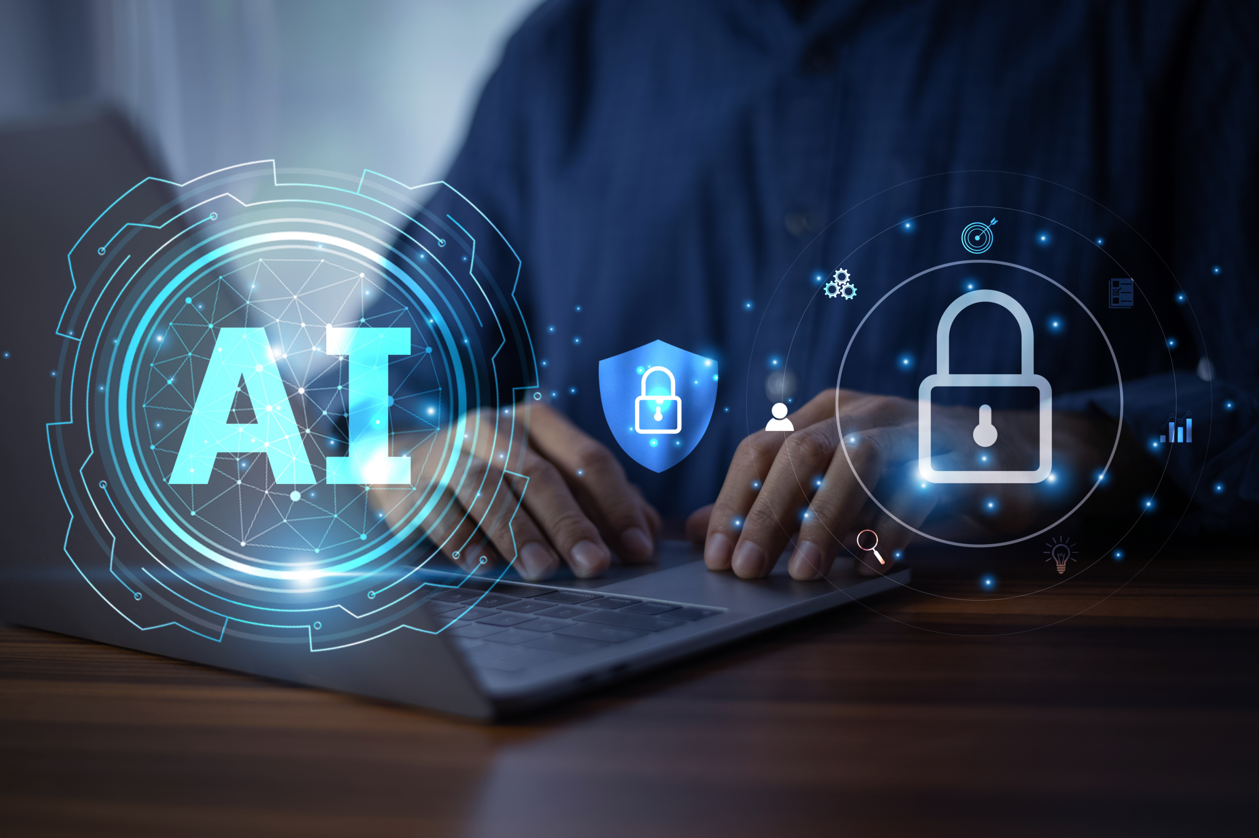 Businessman utilizing AI algorithms to protect privacy and manage data security efficiently. AI technology for data security