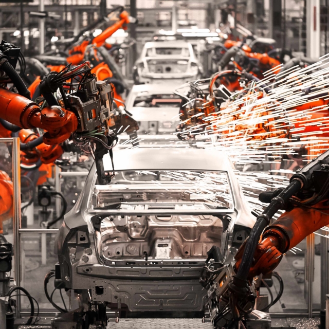 A robotic arm of the car production plant is working as UK automotive suppliers ask for help to secure defence contracts.