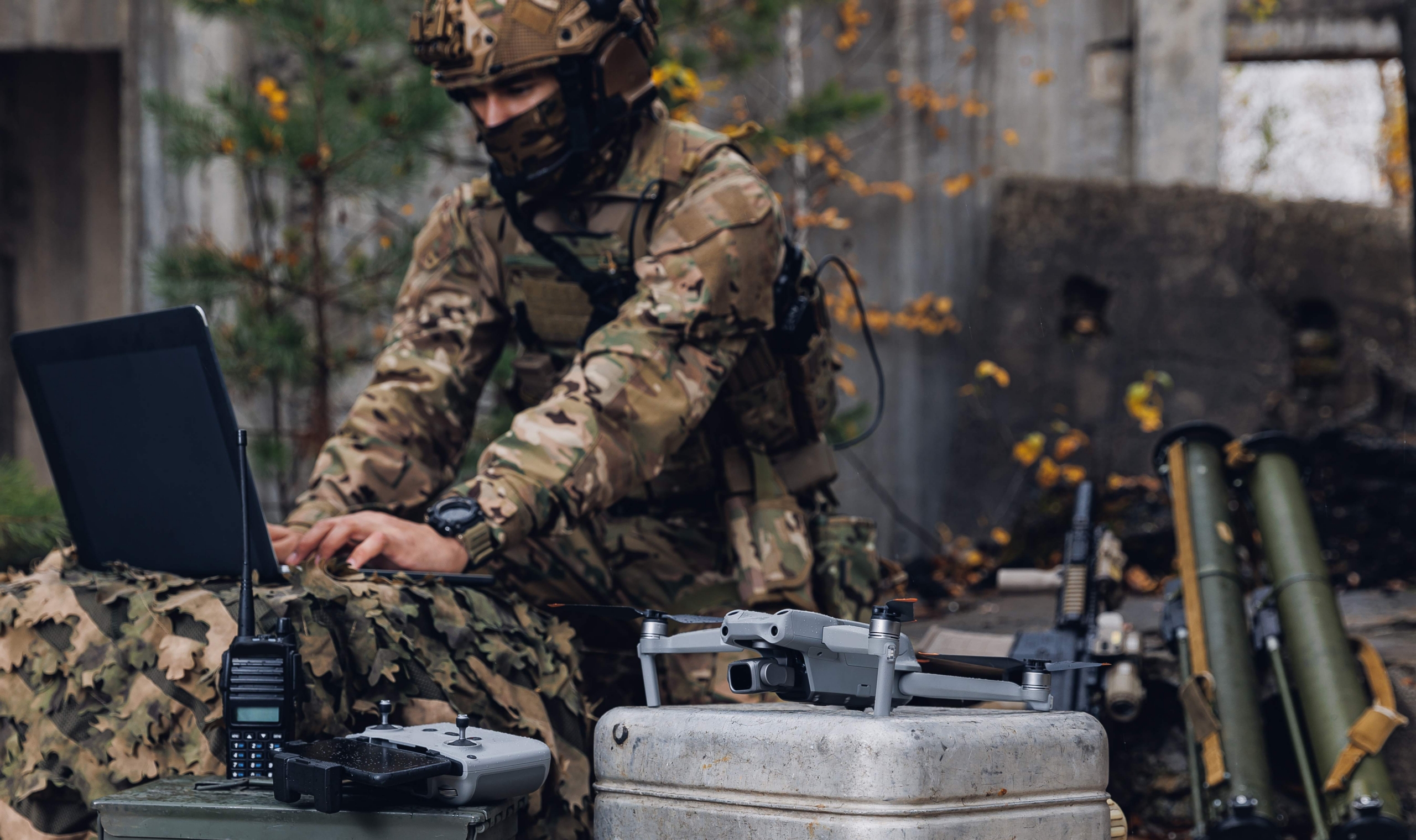 Ukraine soldier sets up a drone to use on the battlefield