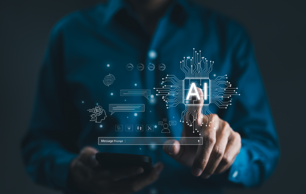 Chat with AI or Artificial Intelligence technology. Man touching chatting virtual with an intelligent artificial intelligence asks for the answers he wants. Smart assistant futuristic, Chatbot,
