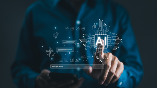 Chat with AI or Artificial Intelligence technology. Man touching chatting virtual with an intelligent artificial intelligence asks for the answers he wants. Smart assistant futuristic, Chatbot,