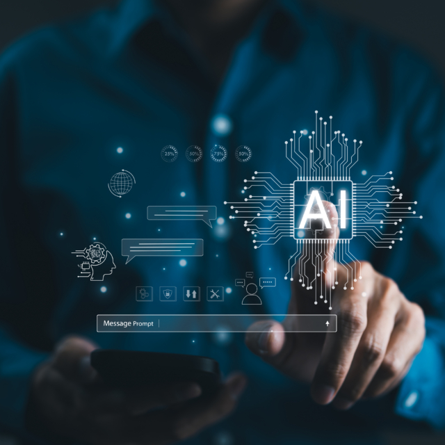 Chat with AI or Artificial Intelligence technology. Man touching chatting virtual with an intelligent artificial intelligence asks for the answers he wants. Smart assistant futuristic, Chatbot,
