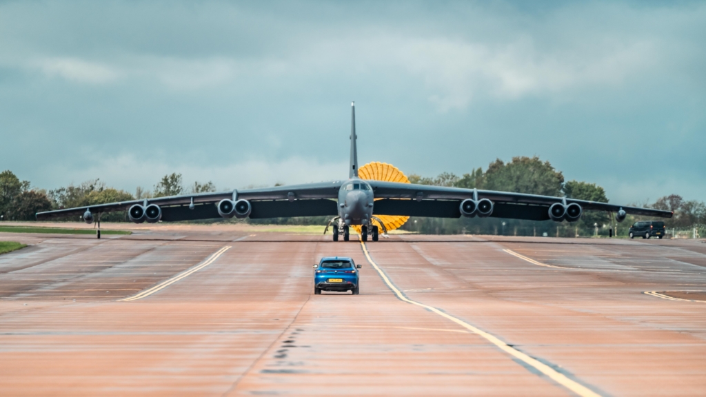 Air Force B-52H Stratofortress taxis after landing at RAF Fairford
