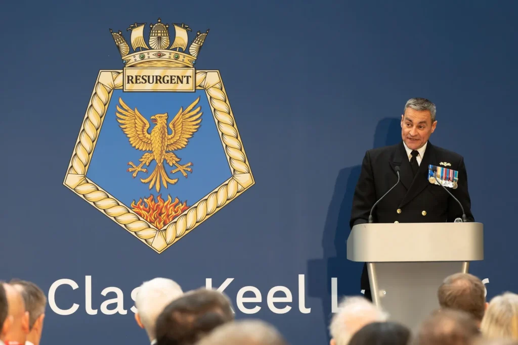 Commodore Sam Shattock speaking at RFA Resurgent keel laying