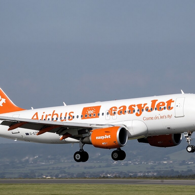 EasyJet Airbus A319-100 (G-EZBR), the hundredth Airbus to be delivered to EasyJet, lands at Bristol International Airport, England, with special livery.