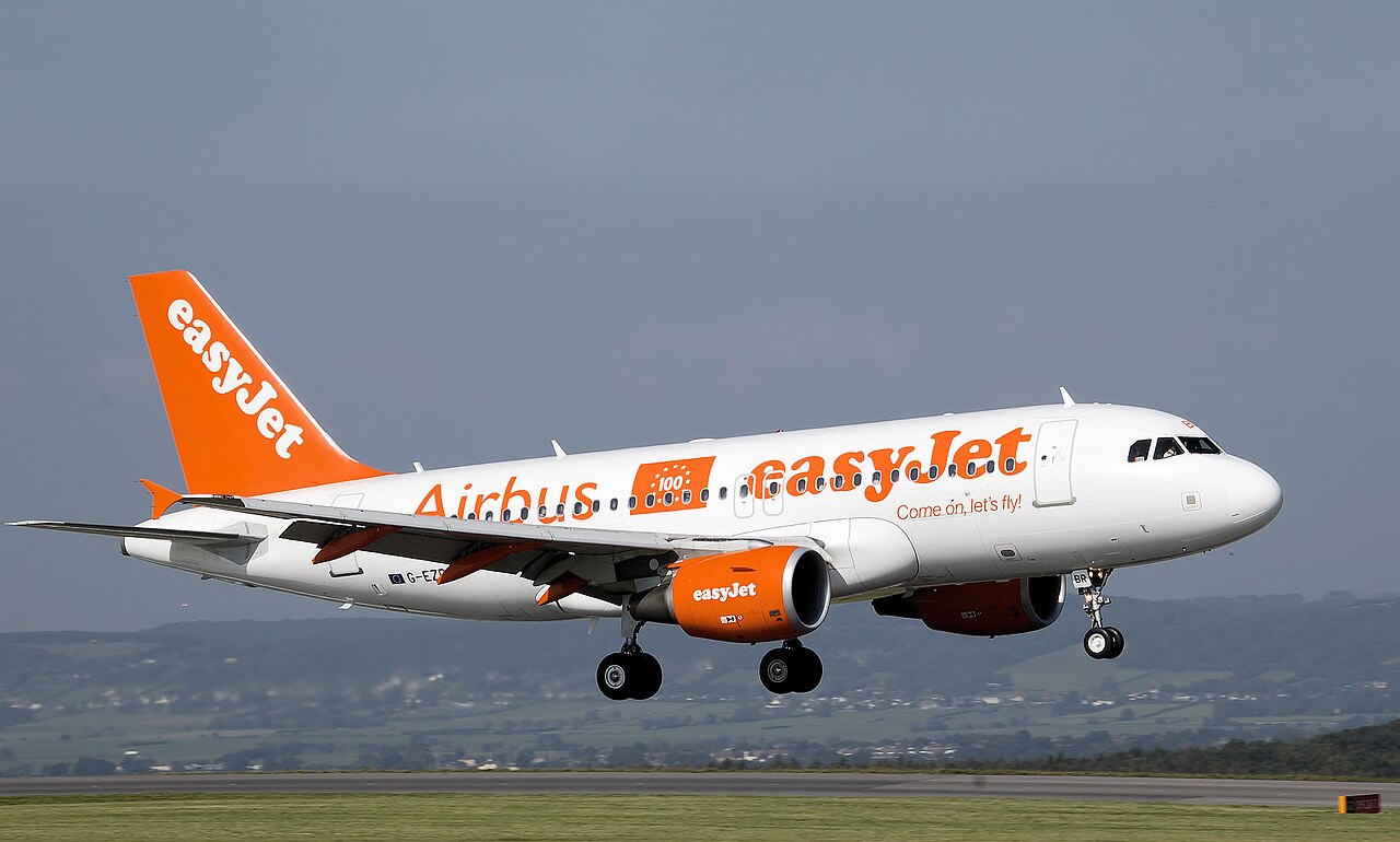 EasyJet Airbus A319-100 (G-EZBR), the hundredth Airbus to be delivered to EasyJet, lands at Bristol International Airport, England, with special livery.