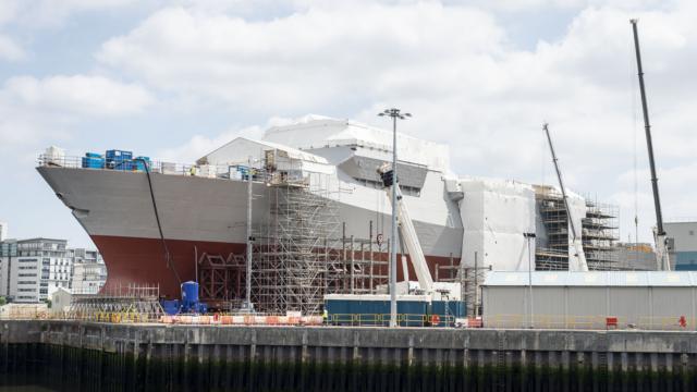 The UK's first Type 26 frigate, HMS Glasgow (F88), is seen under construction at BAE Systems' shipyard in Govan, Scotland, on 29 June 2021. Image: MOD Crown Copyright/Jack Eckersley