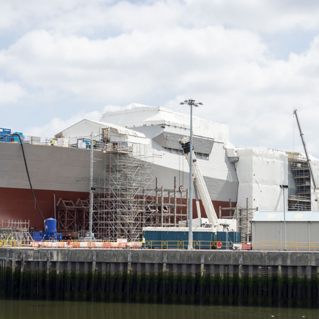 The UK's first Type 26 frigate, HMS Glasgow (F88), is seen under construction at BAE Systems' shipyard in Govan, Scotland, on 29 June 2021. Image: MOD Crown Copyright/Jack Eckersley