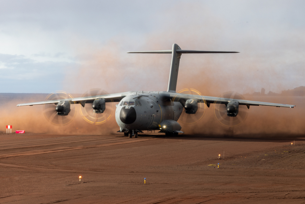 An RAF-operated A400M Atlas C1 (serial ZM420) takes off from the island of Jan Meyen during Operation Atlantic City on 2 September 2026. Image: MOD Crown Copyright/AS1 Nile Austin