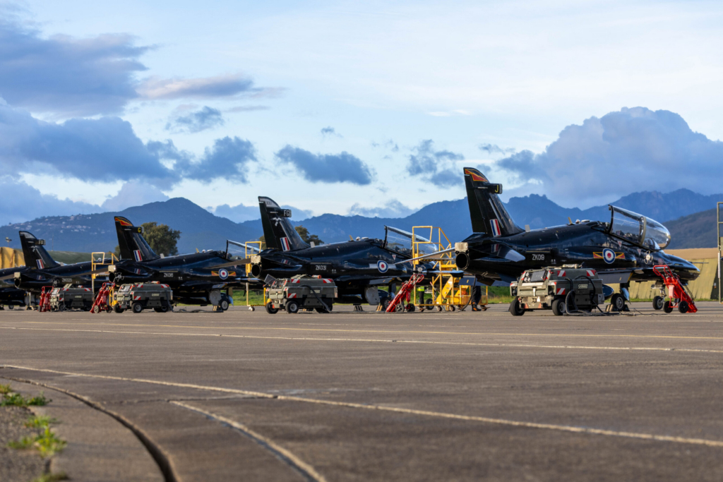 RAF Hawk T2s on the flightline at Solenzara Air Base, France, during Exercise Freedom Hawk 2026 on 19 February 2026. Image: MOD Crown Copyright/AS1 Samuel Marcham