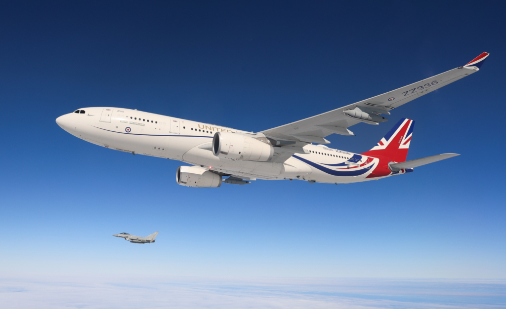 An RAF-operated Eurofighter Typhoon FGR4 flies alongside a Voyager KC2 (serial ZZ336, nicknamed 'Vespina') during a QRA training drill off the eastern coast of the UK on 31 March 2026. Image: MOD Crown Copyright/Sgt Phil Dye