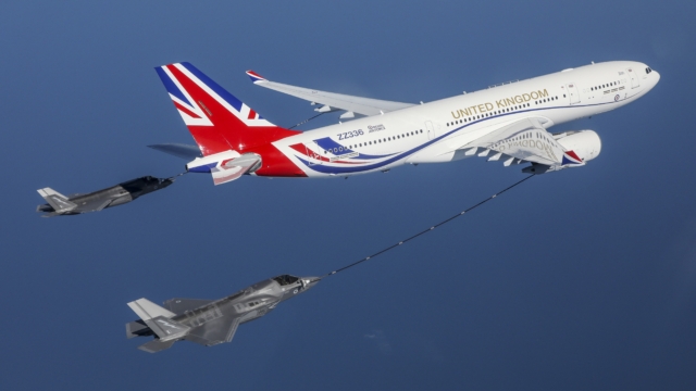 The RAF's VIP-configured Voyager KC2 (serial ZZ336, nicknamed 'Vespina') refuels a pair of British F-35Bs during a training mission off the northeast coast of England on 26 June 2020. Image: MOD Crown Copyright/Cpl Alex Scott