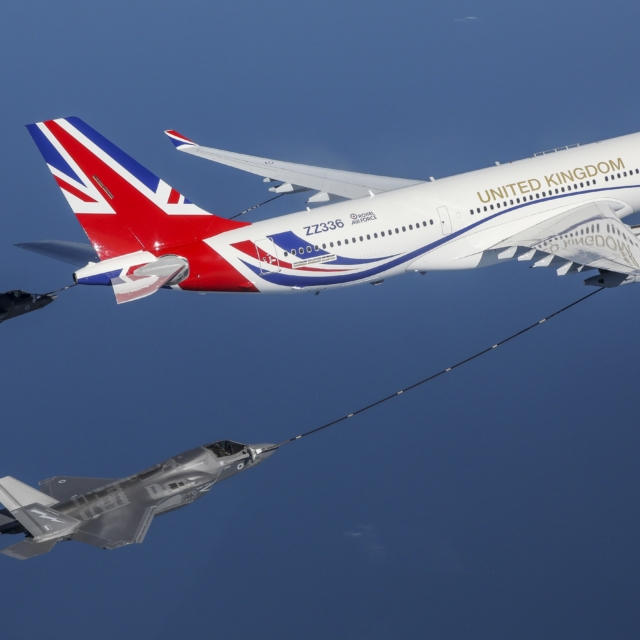 The RAF's VIP-configured Voyager KC2 (serial ZZ336, nicknamed 'Vespina') refuels a pair of British F-35Bs during a training mission off the northeast coast of England on 26 June 2020. Image: MOD Crown Copyright/Cpl Alex Scott