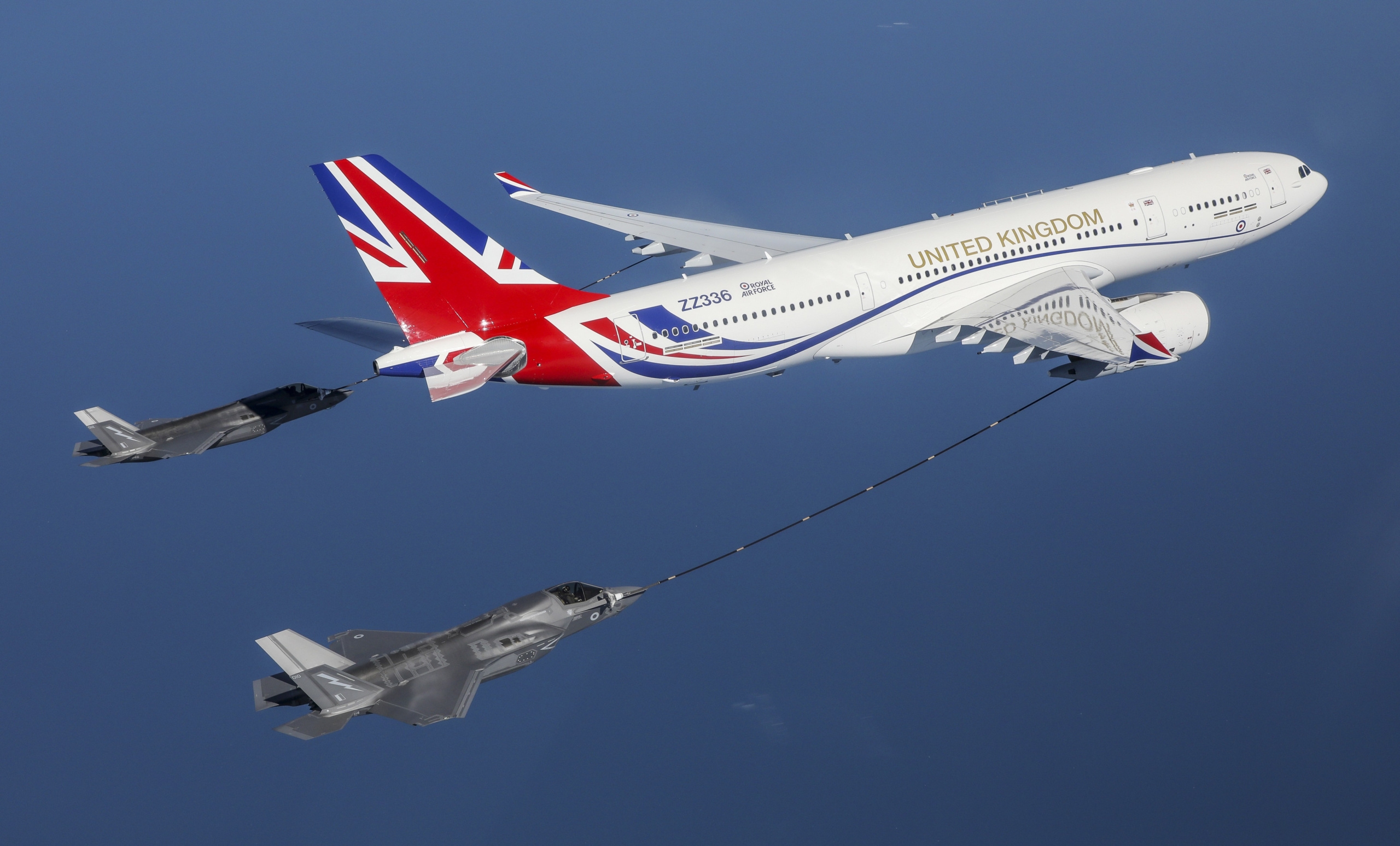 The RAF's VIP-configured Voyager KC2 (serial ZZ336, nicknamed 'Vespina') refuels a pair of British F-35Bs during a training mission off the northeast coast of England on 26 June 2020. Image: MOD Crown Copyright/Cpl Alex Scott
