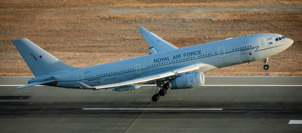 An RAF-operated Airbus A330-243MRTT Voyager KC2 (serial ZZ338) takes off from RAF Akrotiri, Cyprus, for a mission in support of Operation Shader on 19 May 2021. Image: MOD Crown Copyright/Cpl Lee Matthews