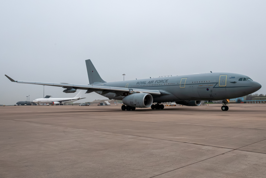An RAF-operated Airbus A330-243MRTT Voyager KC2 (serial ZZ337) taxis along the flightline at RAF Brize Norton in Oxfordshire on 25 January 2022. Image: Khalem Chapman