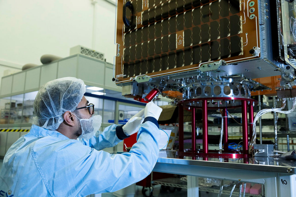 A technician from Surrey Satellite Technology Ltd (SSTL) works on the Tyche satellite on 13 January 2023. Based on SSTL’s Carbonite+ platform, the 150kg Tyche satellite was procured by the UK Space Command as part of the space-based ISR constellation being developed under the ISTARI project. Image: MOD Crown Copyright/AS1 Palmer