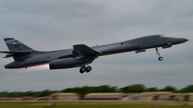 A USAF-operated B-1B Lancer takes off from RAF Fairford, Gloucestershire, on 5 June 2023. Image: USAF/Senior Airman Josiah Brown