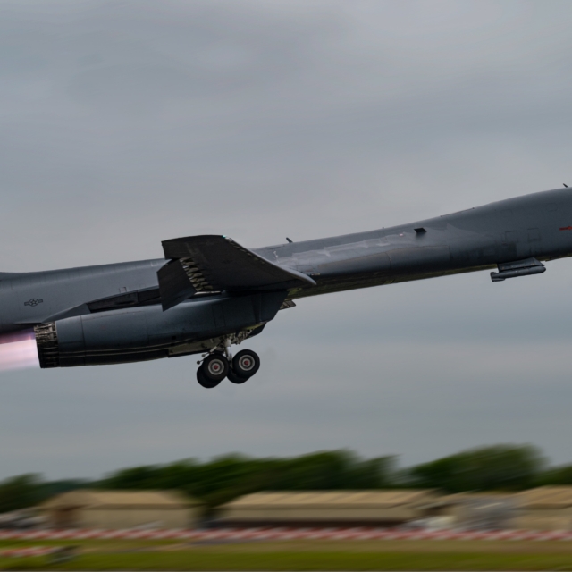 A USAF-operated B-1B Lancer takes off from RAF Fairford, Gloucestershire, on 5 June 2023. Image: USAF/Senior Airman Josiah Brown