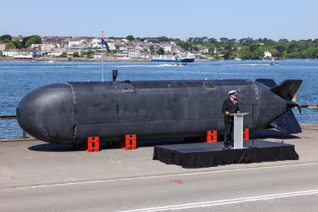 XV Excalibur is seen during the experimental XLUUV's formal handover to the Royal Navy at HMNB Devonport, Plymouth, in May 2025. Image: MOD Crown Copyright/LPhot Unaisi Luke