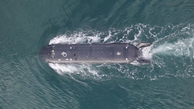 The Royal Navy's experimental XLUUV, XV Excalibur, conducts a trial at sea. Image: MSubs Ltd via LinkedIn