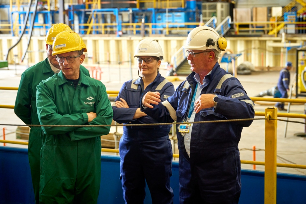 Navantia UK team briefing Rear Admiral Matthew Stratton on the Fleet Solid Support shipbow construction and Harland & Wolff integration plans inside the Appledore shipyard.