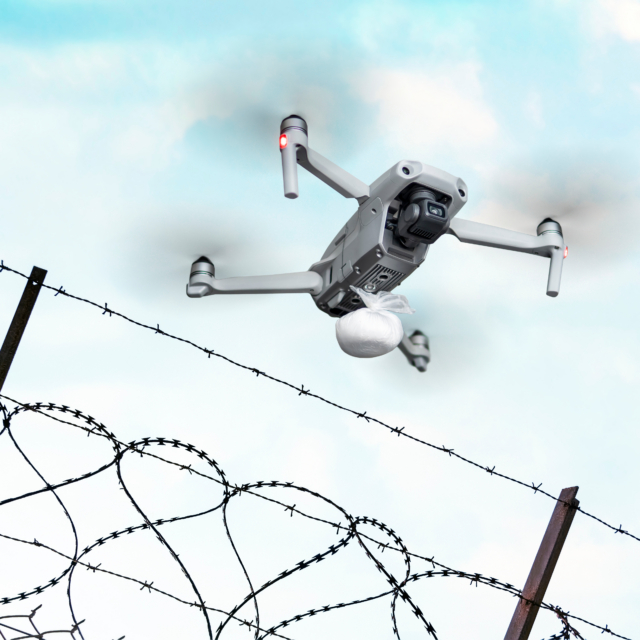 Drone flying over prison perimeter