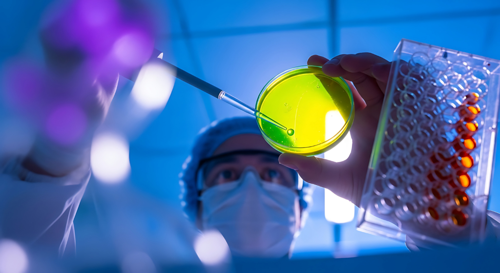 A scientist in a lab coat is working with cell culture in a petri dish, conducting medical research and development. The focus is on science and biotechnology.