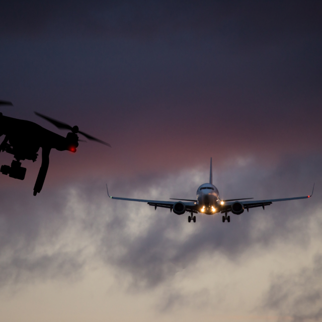 Drone flying near commercial airplane