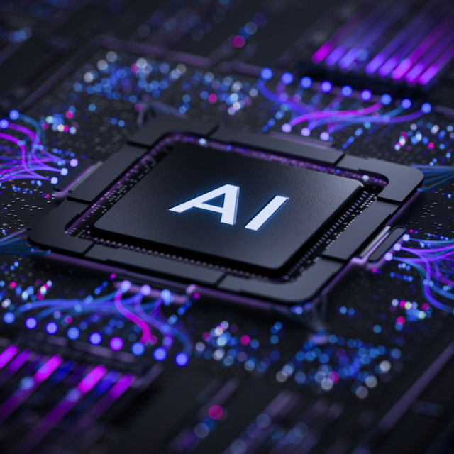 Artificial Intelligence AI Processor Chip on Futuristic Circuit Board with Digital Data Network