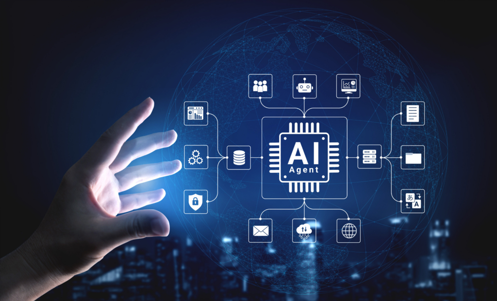 Futuristic Hand Reaching for AI Technology Interface Representing Artificial Intelligence and Data Management in a Digital World. Glyphic