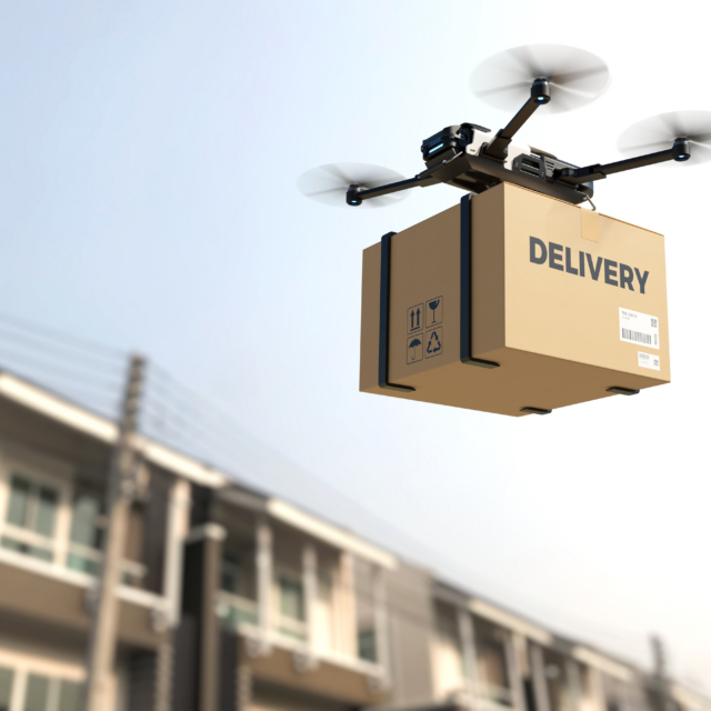 A drone flies with a package on delivery past residential houses.