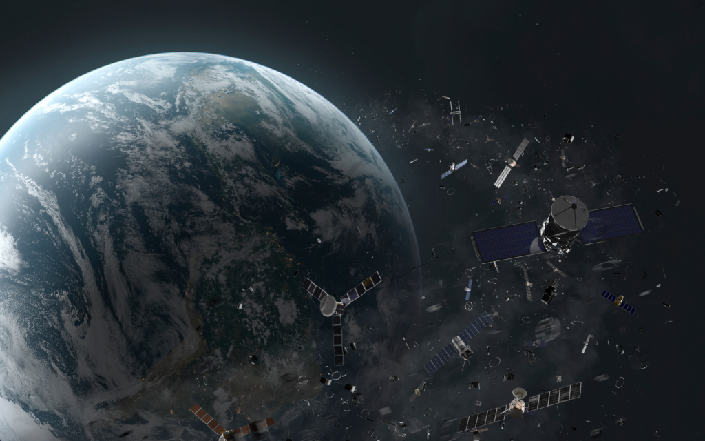 3D illustration of Space debris and satellites in orbit planet Earth. High quality digital space art in 5K - ultra realistic visualization.