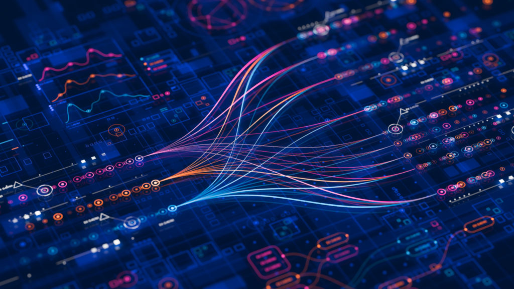 Big data technology Data science analysing artificial intelligence generative AI deep learning machine learning algorithm Neural flow network analytics innovation abstract futuristic. 3d rendering.