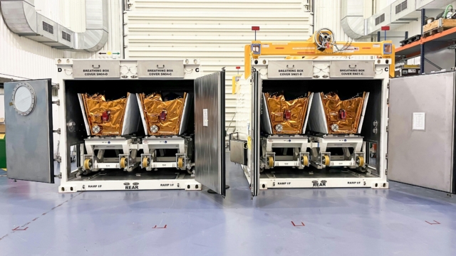 OneWeb satellites in transport container at Airbus
