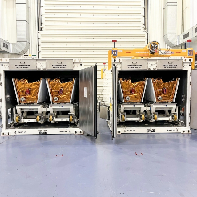 OneWeb satellites in transport container at Airbus