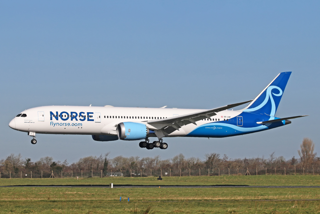 Norse Atlantic Airways Boeing 787 landing during sunset