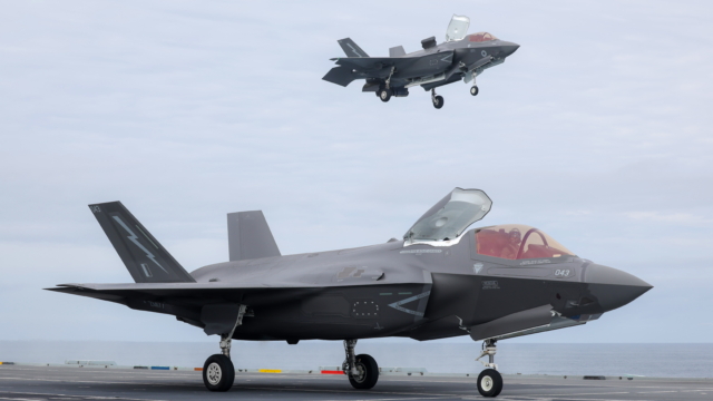 British F-35Bs land back on HMS Prince of Wales (R09) after completing a mission during Exercise Neptune Strike 26-3 on 19 July 2026. Image: MOD Crown Copyright/PO Phot Chris Sellars