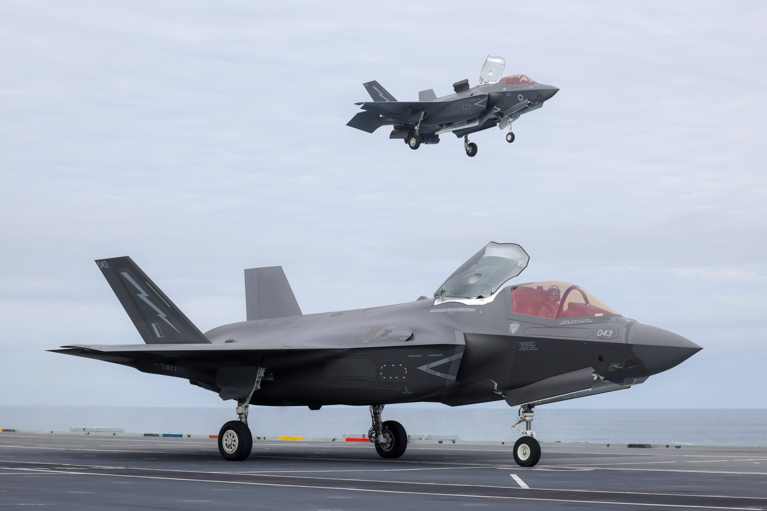 British F-35Bs land back on HMS Prince of Wales (R09) after completing a mission during Exercise Neptune Strike 26-3 on 19 July 2026. Image: MOD Crown Copyright/PO Phot Chris Sellars