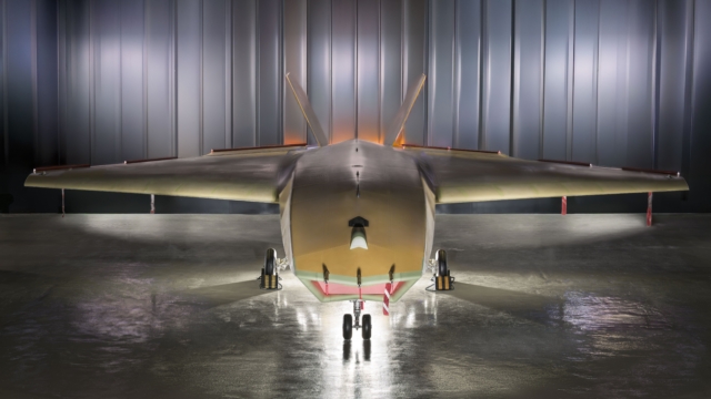 BAE Systems unveiled its first production-standard Brontanax CCA demonstrator during the 2026 Farnborough International Airshow. The platform is expected to completed its maiden flight in 2027. Image: BAE Systems