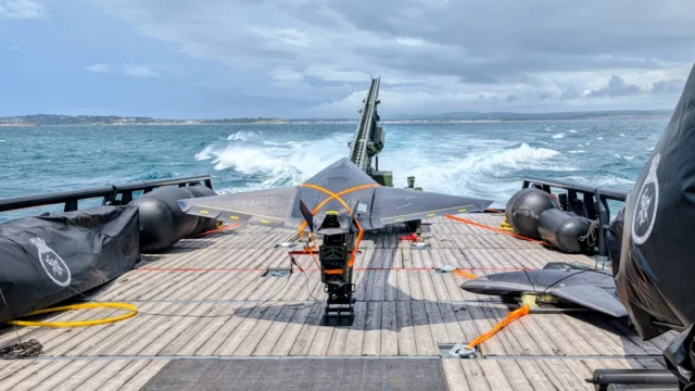 Callen Lenz Nyan drone launching from Royal Navy ship
