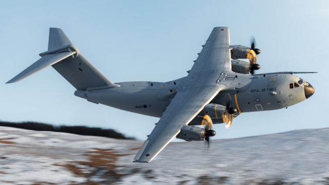 Pictured here is an Royal Air Force A400M Atlas flying thought the machloop in Wales on the 21st November 2024.
