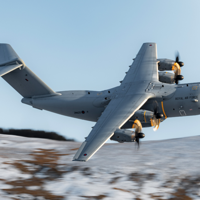 Pictured here is an Royal Air Force A400M Atlas flying thought the machloop in Wales on the 21st November 2024.
