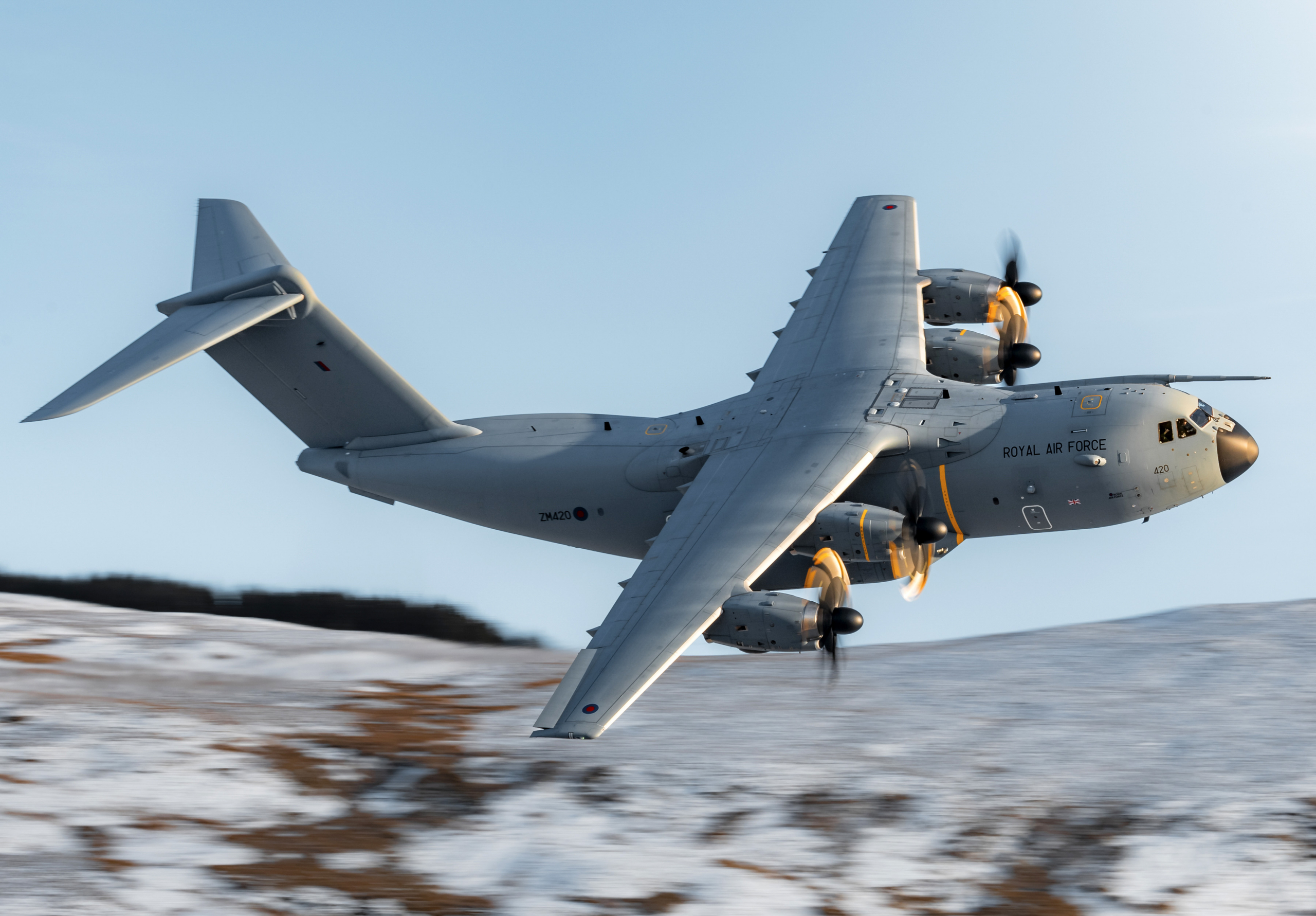 Pictured here is an Royal Air Force A400M Atlas flying thought the machloop in Wales on the 21st November 2024.