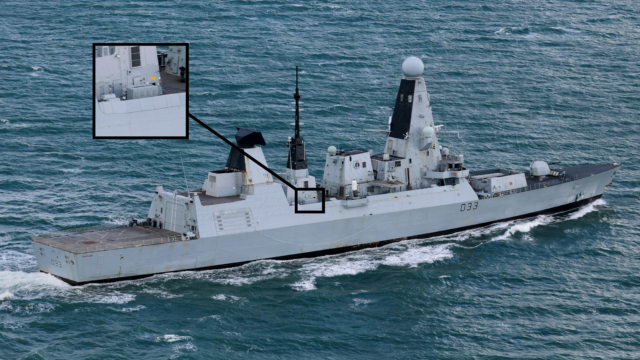 HMS Dauntless (D33) conducts a PASSEX with Ukrainian minehunters off the Isle of Wight on 10 October 2026. The inset image offers a closer look at the warship's new suspected C-UAS launcher. Image: MOD Crown Copyright/PO Phot Belinda Alker
