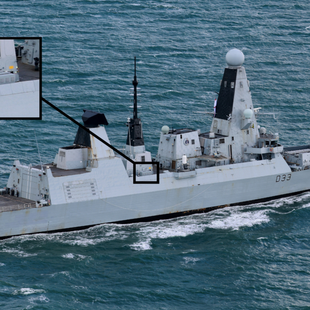 HMS Dauntless (D33) conducts a PASSEX with Ukrainian minehunters off the Isle of Wight on 10 October 2026. The inset image offers a closer look at the warship's new suspected C-UAS launcher. Image: MOD Crown Copyright/PO Phot Belinda Alker