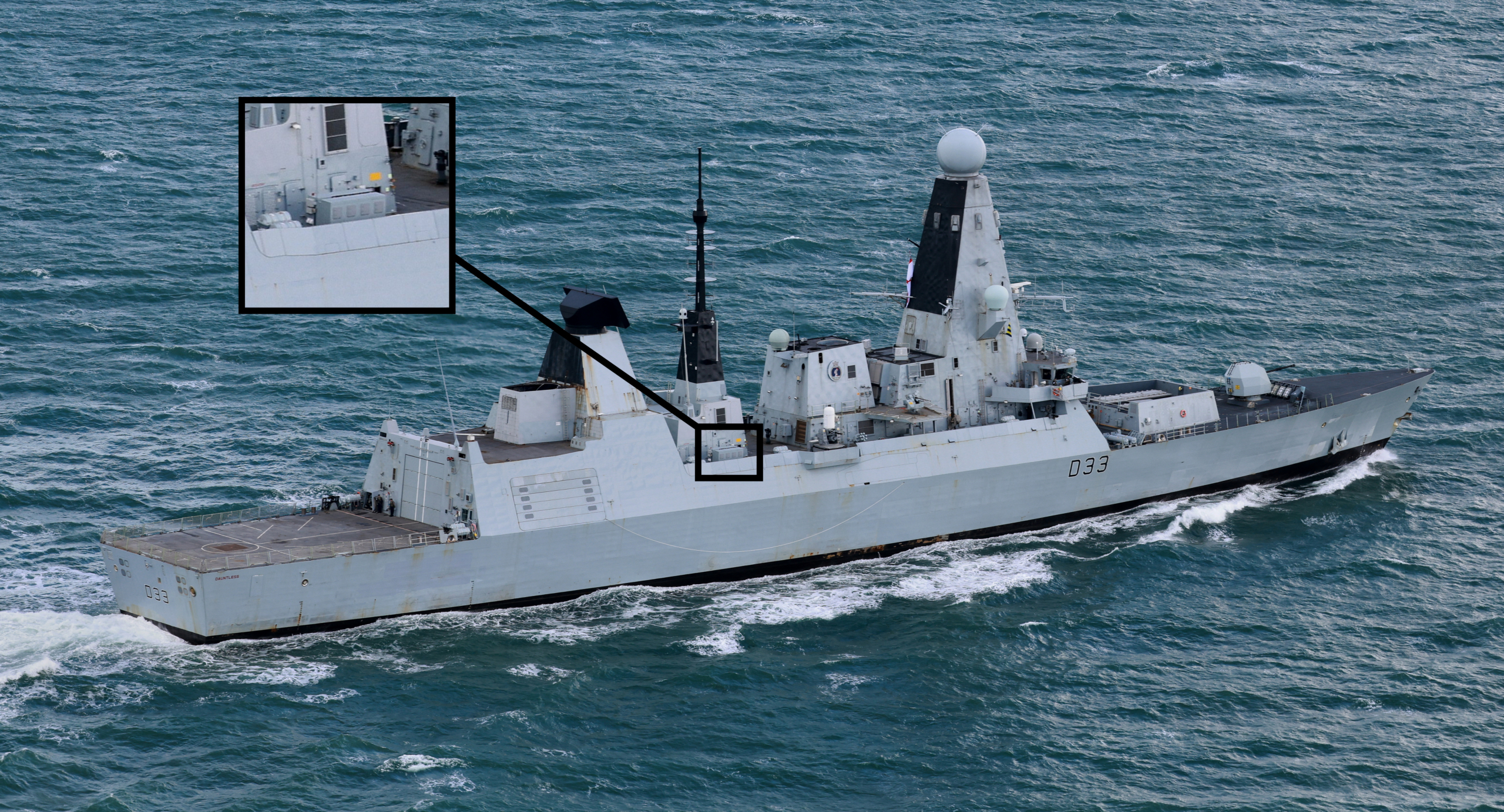 HMS Dauntless (D33) conducts a PASSEX with Ukrainian minehunters off the Isle of Wight on 10 October 2026. The inset image offers a closer look at the warship's new suspected C-UAS launcher. Image: MOD Crown Copyright/PO Phot Belinda Alker