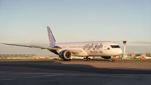 Riyadh Air Boeing 787 at London Heathrow Airport in the sun