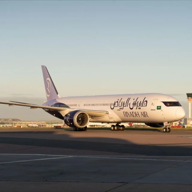 Riyadh Air Boeing 787 at London Heathrow Airport in the sun