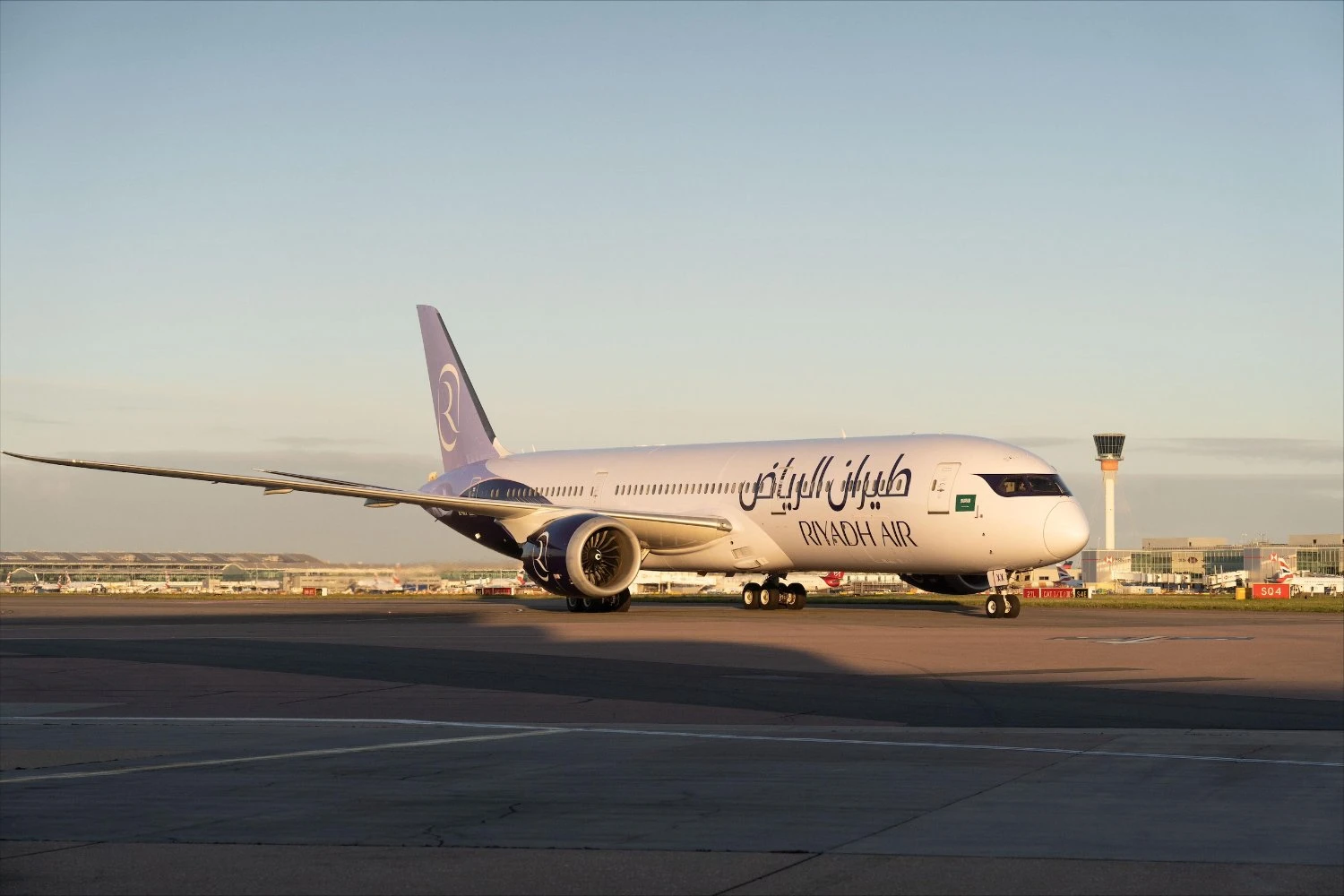 Riyadh Air Boeing 787 at London Heathrow Airport in the sun